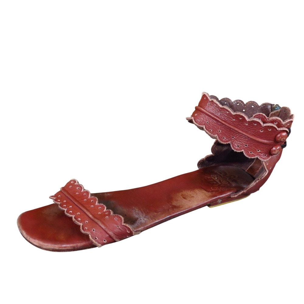 ELF Bali Midsummer Womens Scalloped Ankle Wrap Sandal 9 Summer Red Leather
